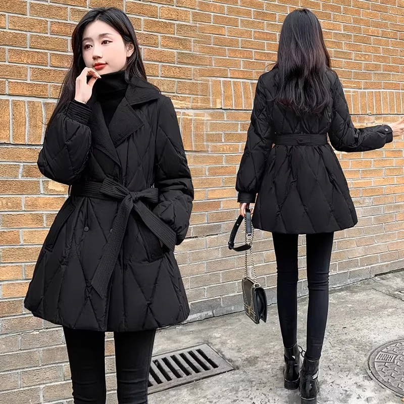 大码女装微胖mm黑色收腰棉服冬季中长款修身显瘦冬季加厚棉袄外套