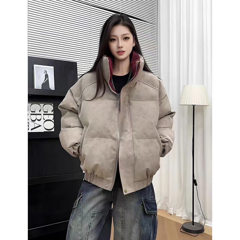 cleanfit防风防水面包服男款冬加厚pu皮撞色羽绒棉服保暖情侣棉衣