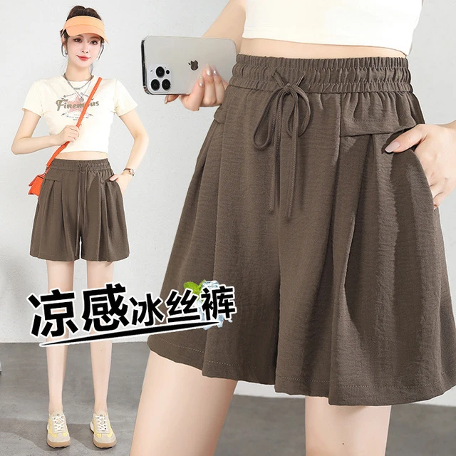 夏季新款冰丝五分休闲裤女松紧腰薄款宽松显瘦大码短裤阔腿裙裤女