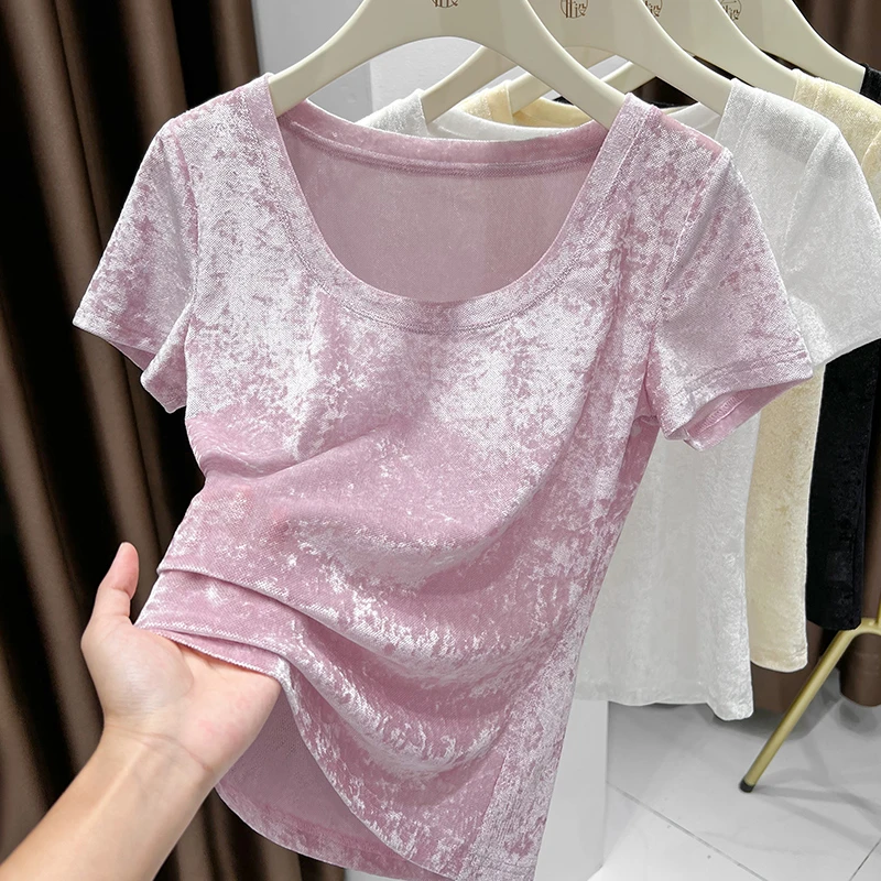 丝绒网纱短袖T恤女夏韩版露锁骨圆领修身显瘦上衣内搭轻盈打底衫