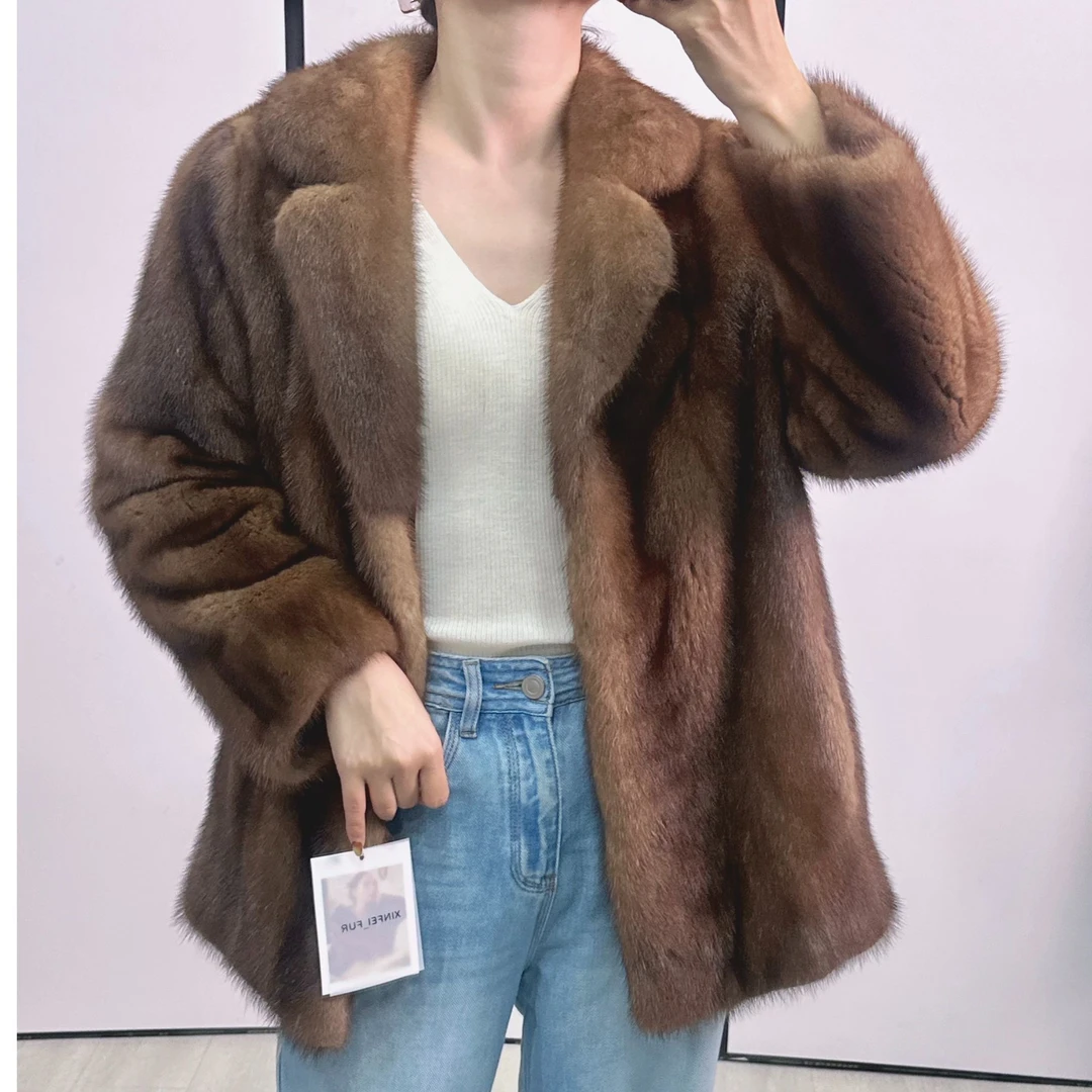 HX10,L,金棕色西服领直筒袖水貂外套