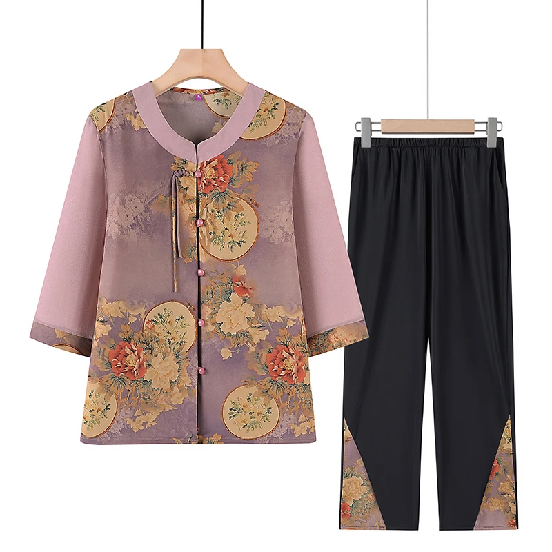 妈妈夏装套装2025新款中老年人复古衬衫洋气奶奶装夏季宽松两件套