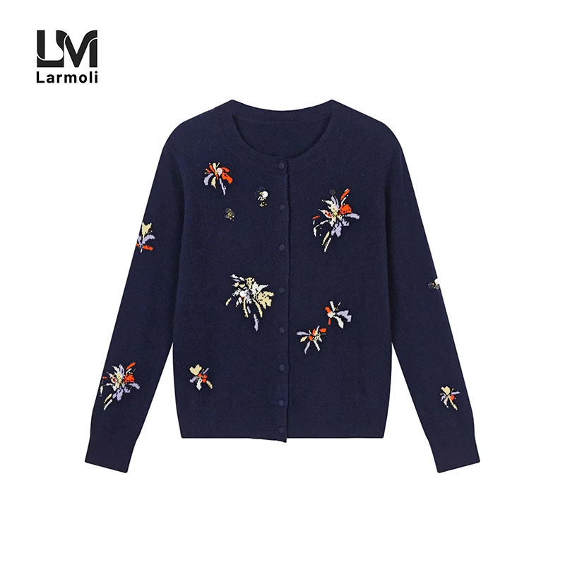 Larmoli2156秋季新款时尚圆领刺绣花朵针织开衫减龄毛衣外套女潮
