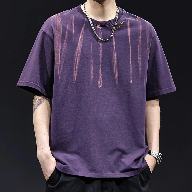 MR.MUDI/穆迪先生高端潮牌短袖t恤男夏新款宽松大码紫色水洗体恤