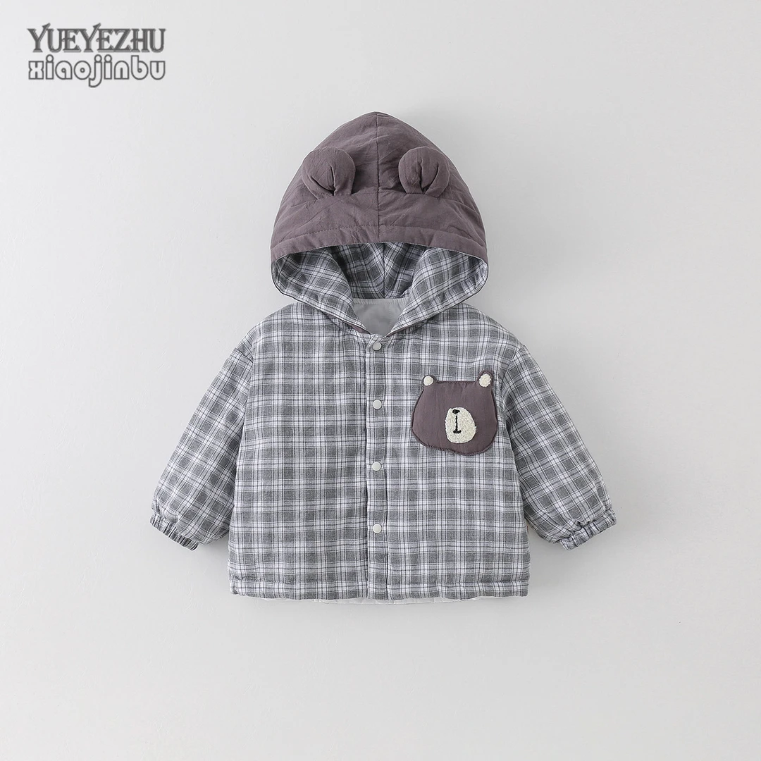 男宝宝薄棉外套秋冬韩版洋气格子连帽上衣婴幼儿深秋夹棉连帽上衣