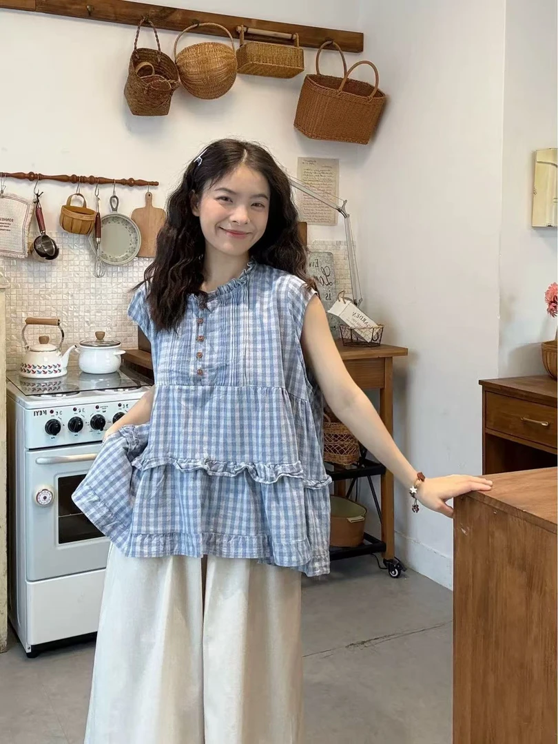 休闲风时尚套装韩版显瘦格纹上衣复古宽松套装休闲无袖文艺XY002