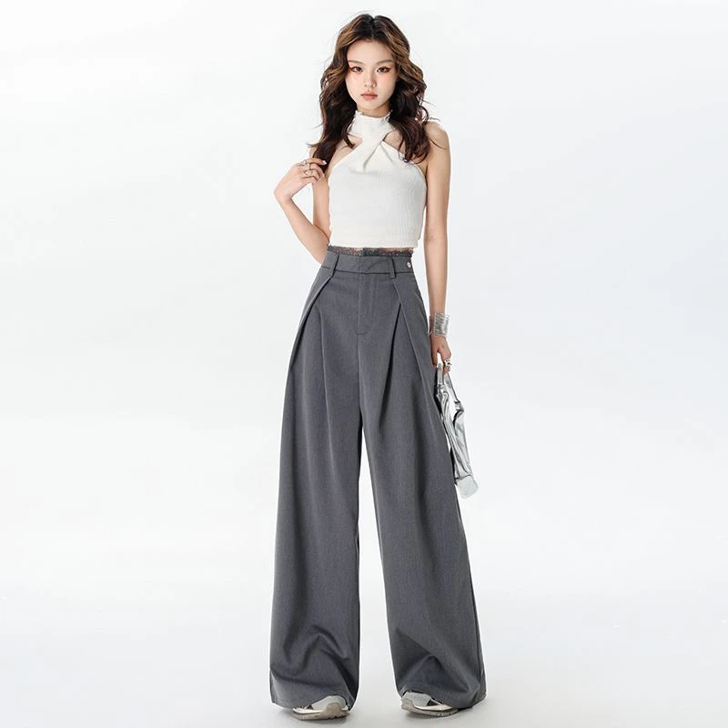 灰色蕾丝花边拼接休闲裤女2025夏季新款高腰显瘦褶皱垂感拖地裤