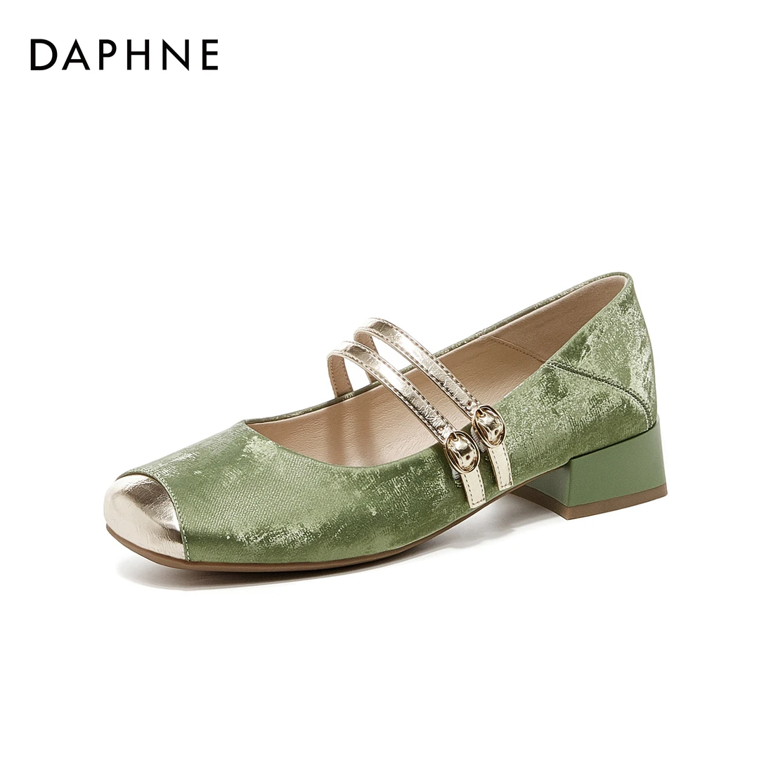 达芙妮女鞋新款单鞋复古凉鞋时尚百搭休闲浅口时装一字带低粗跟鞋