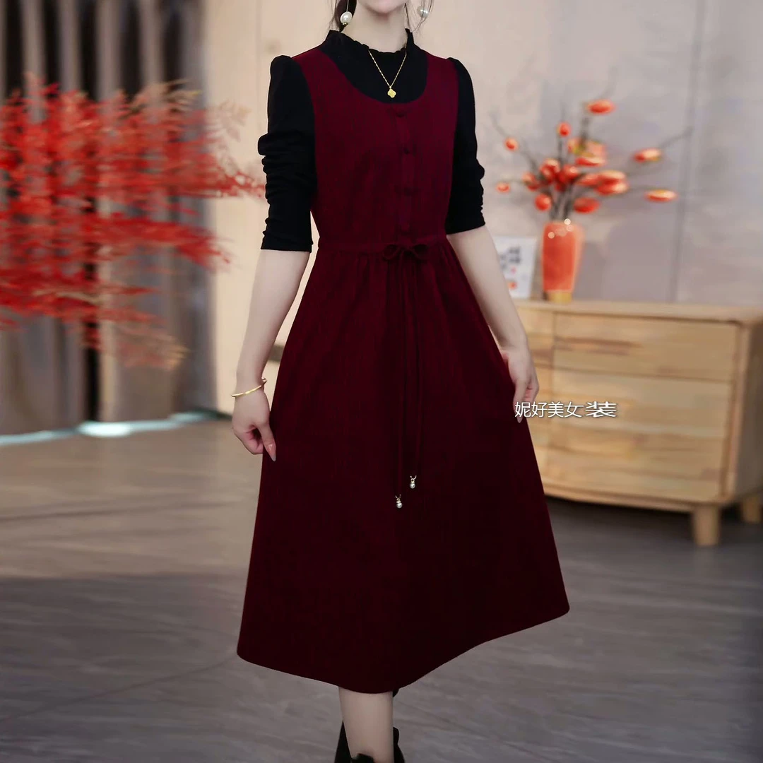 精纺2025秋季新款时尚大气显白酒红色修身显瘦气质假两件连衣裙