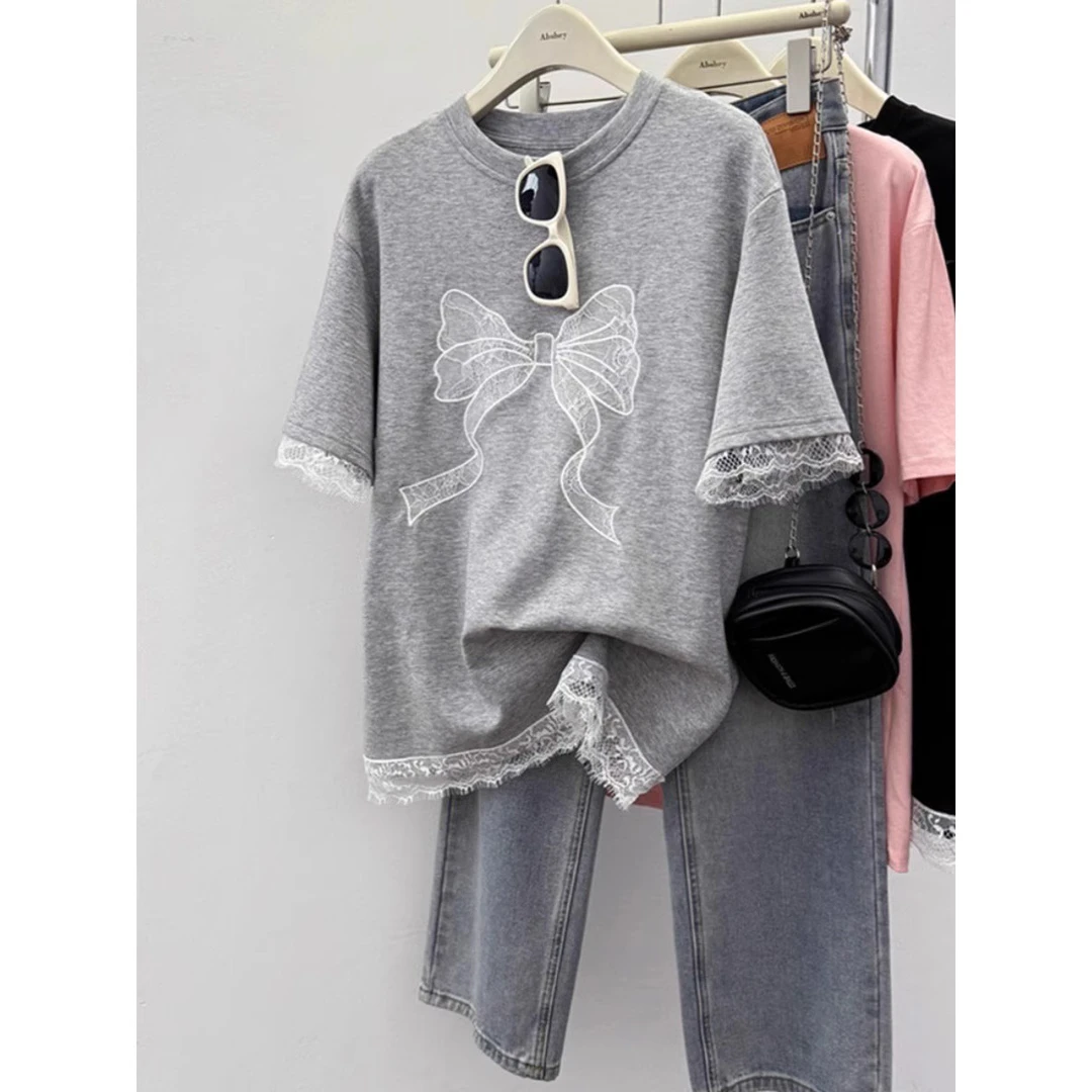 蕾丝蝴蝶结宽松大码半袖上衣夏季女装新款灰色设计感正肩短袖T恤