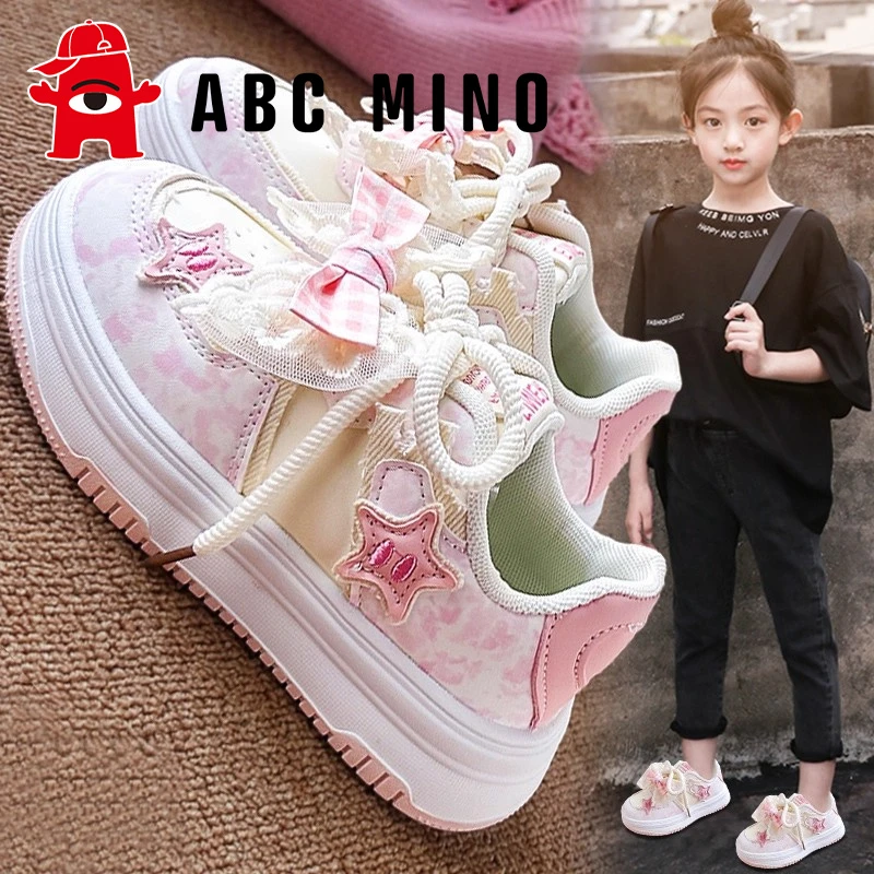 ABC MINO女童鞋子秋季儿童小白板鞋休闲皮面女孩公主运动鞋软底潮