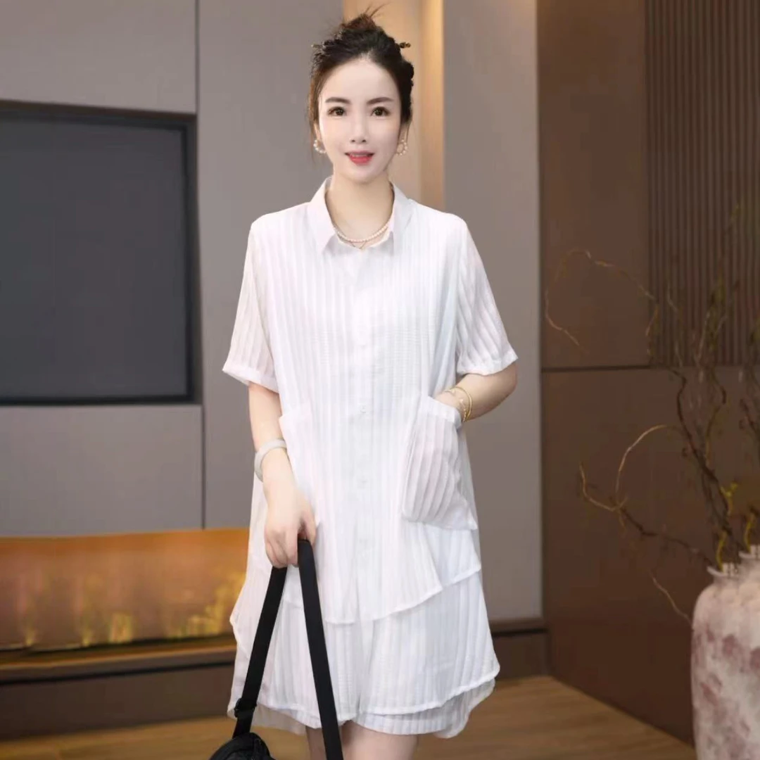 L-868白月光黑珍珠夏季新款衬衫套装女短袖韩版宽松显瘦休闲套装