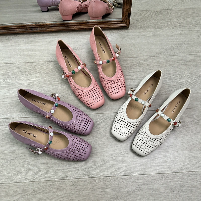 2.5cm/2011牛皮方头浅口单鞋女春夏新款镂空法式一字带玛丽珍鞋