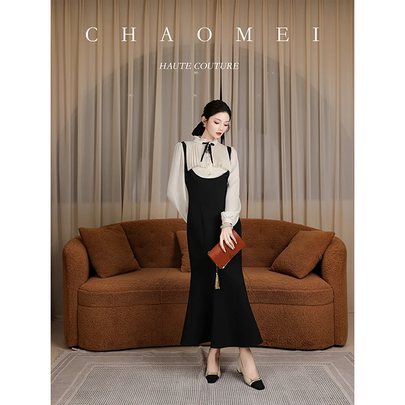 冯（CHAOMEI【初恋】法式优雅黑原创设计时尚休闲百搭连衣裙