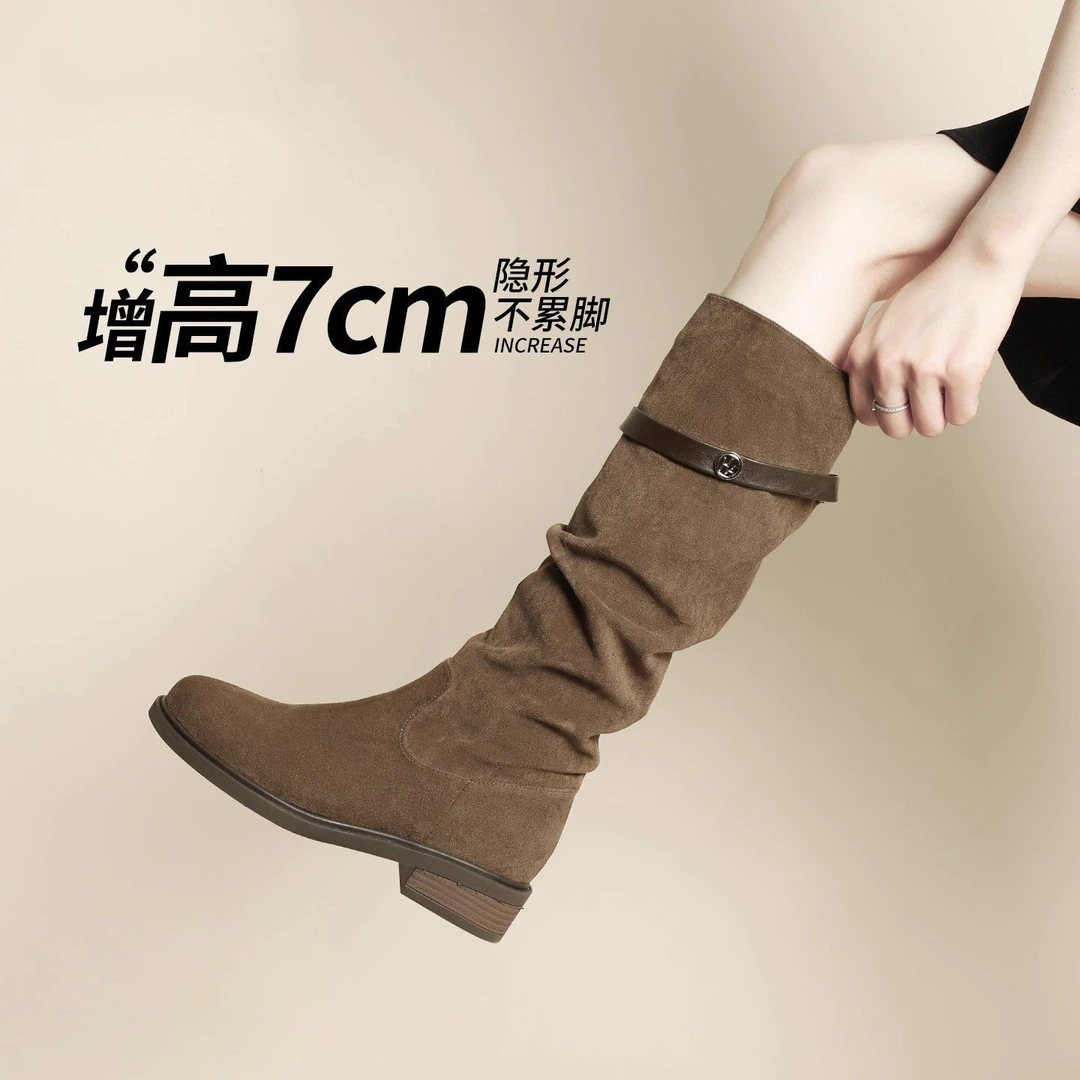 7cm内增高粗跟堆堆靴2025爆款秋季弹力骑士英伦风小个子长靴子女