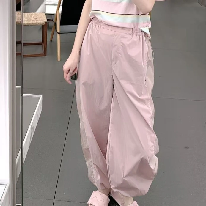 【张静芝】夏季新款粉色撞色轻薄抽绳束脚休闲裤女