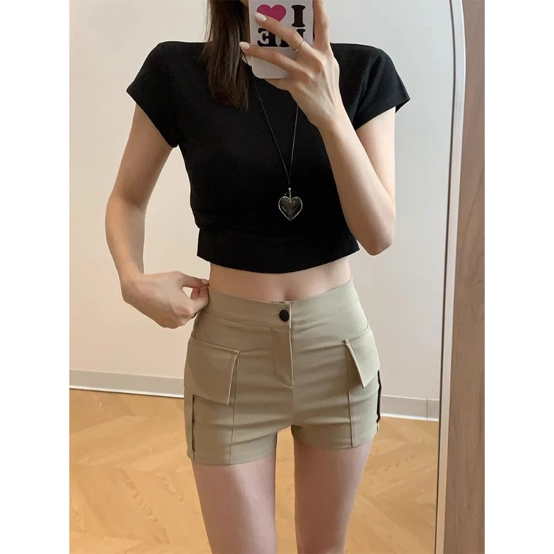 复古卡其色休闲短裤女夏季新款百搭显瘦弹力紧身辣妹高腰包臀热裤