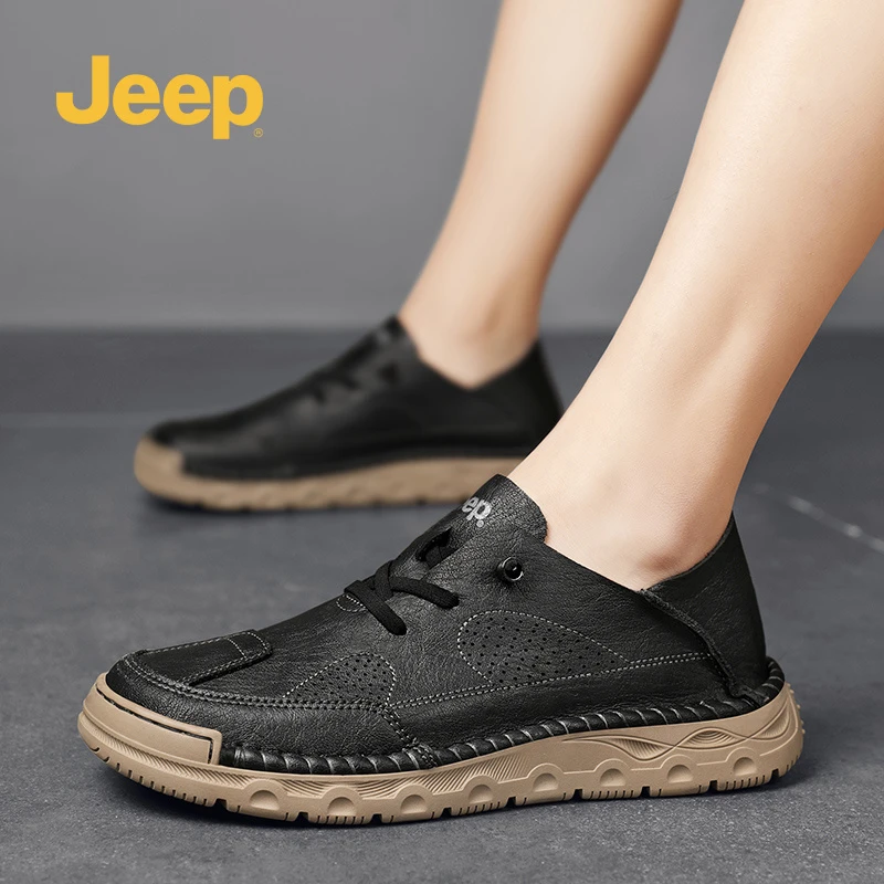 Jeep吉普男鞋2025新款网眼透气皮鞋复古百搭真皮软底耐磨休闲板鞋