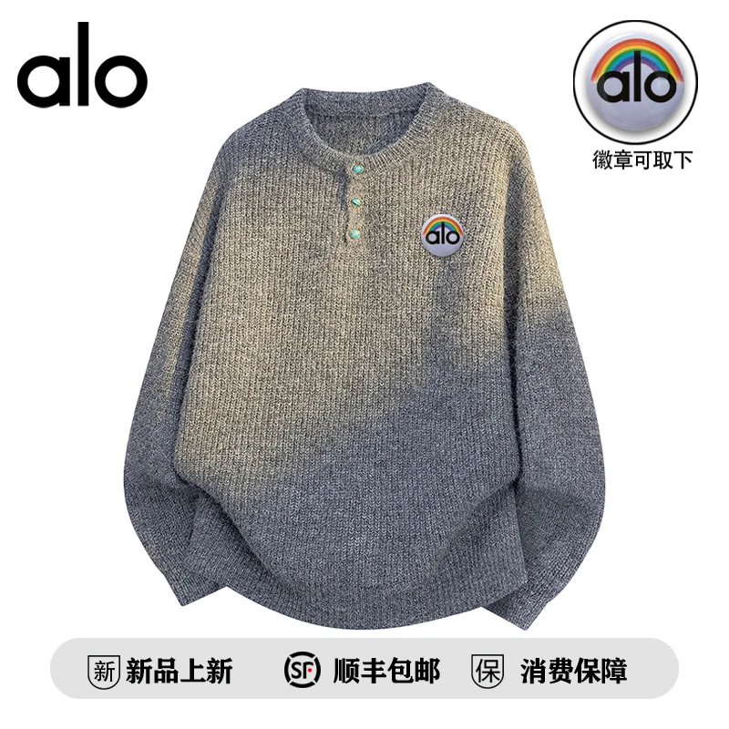 alo潮牌 2025秋冬新款半开衫毛衣男徽章日系复古纯色情侣针织衫