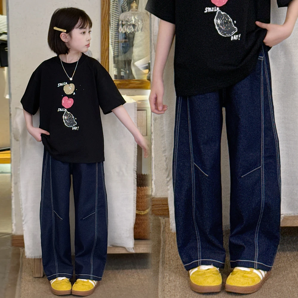 女童中大童2025夏季新款薄款丹宁蓝弯刀牛仔裤童装百搭T恤香蕉裤
