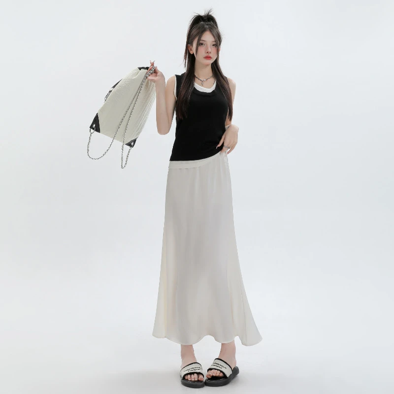 鱼尾裙醋酸半身裙女夏季薄款松紧高腰缎面丝滑鱼尾裙中长款A字裙