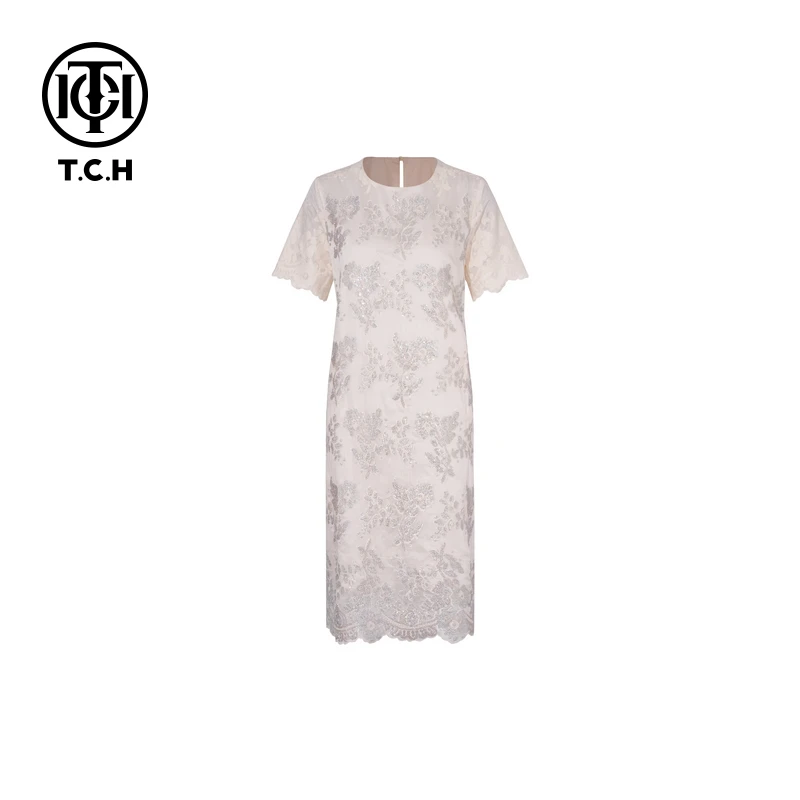 TCH轻奢烫钻工艺重工显瘦气质米色连衣裙女T72B30E9102私服tch