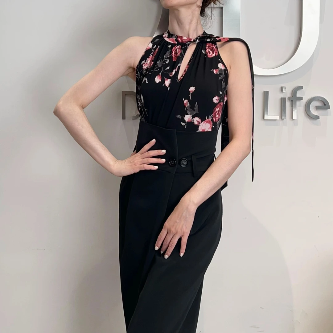 GR1173黑底红玫瑰小飘带无袖款连体上衣摩登舞拉丁舞国标舞