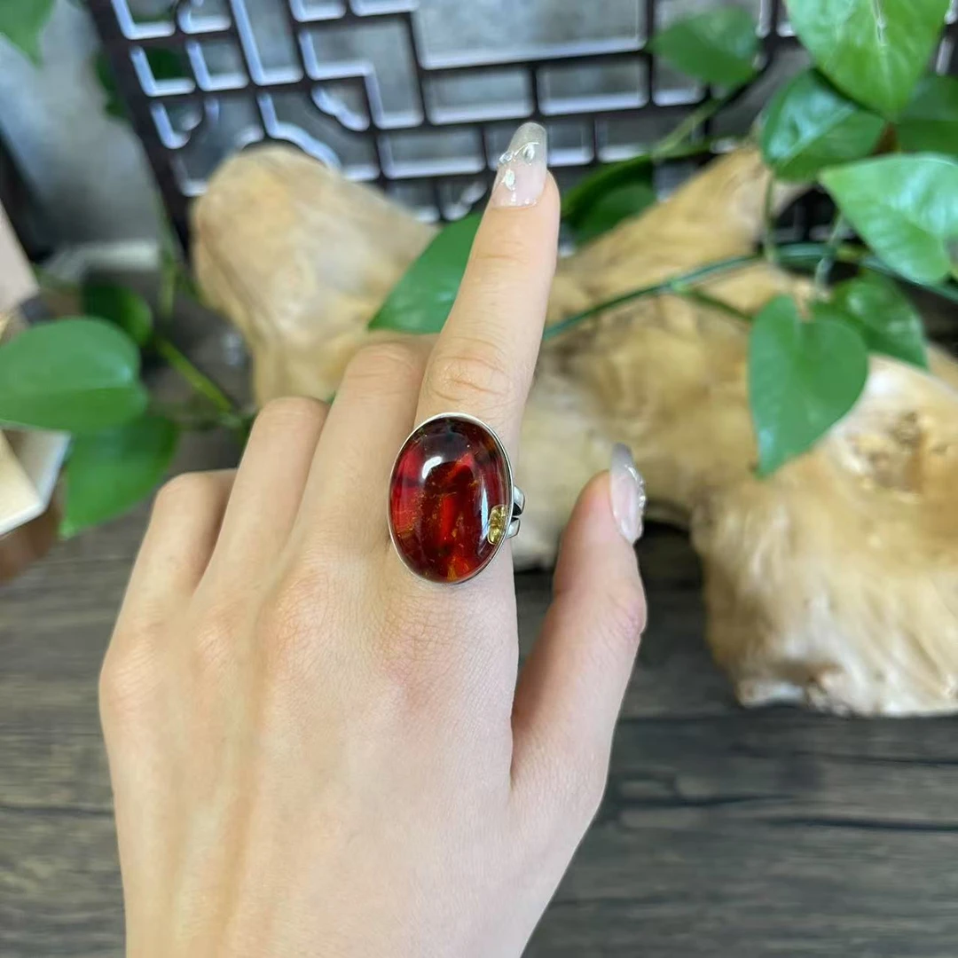 LYliuyng天然琥珀蜜蜡戒指高档品质独特色系手工银戒指复古风风格