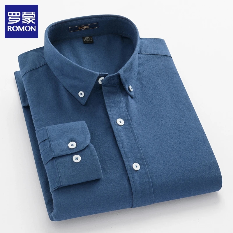 罗蒙全棉磨毛衬衫男士春秋商务休闲宽松大码纯色简约百搭衬衣抗皱