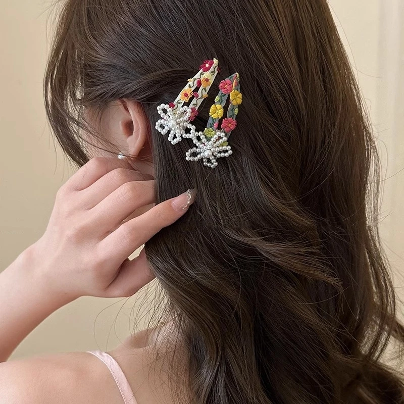 春日串珠花朵发夹女韩式碎花刺绣甜美BB夹侧边刘海夹珍珠发卡头饰