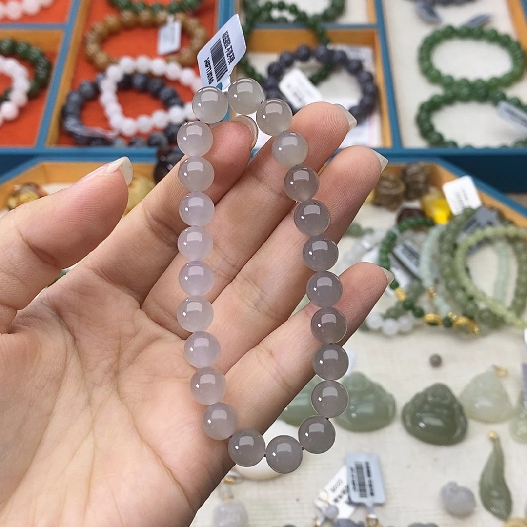 和田玉未镶嵌手链w47冰烟紫猫眼8mm