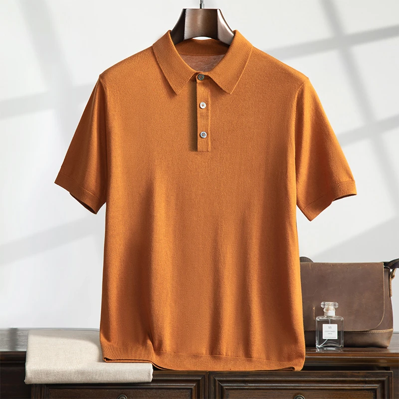 商场同款丝光绒短袖男装Polo领18针80支超级精纺圆领14.5微米细度