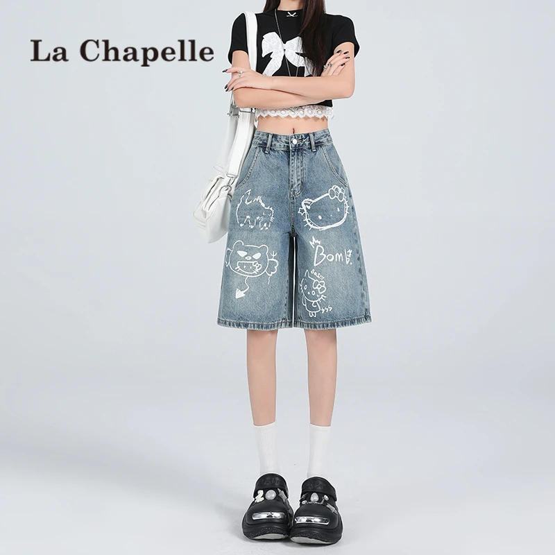 拉夏贝尔涂鸦五分牛仔短裤女夏季新款高腰直筒显瘦阔腿5分中裤子