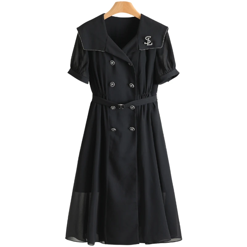 F1879-【珞】大翻领双排扣短袖连衣裙#BLU56L002