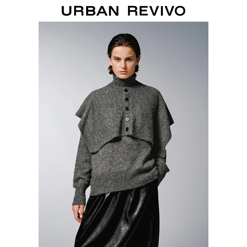 UR2025冬季新款女装休闲设计感披肩立领针织衫UWH950153