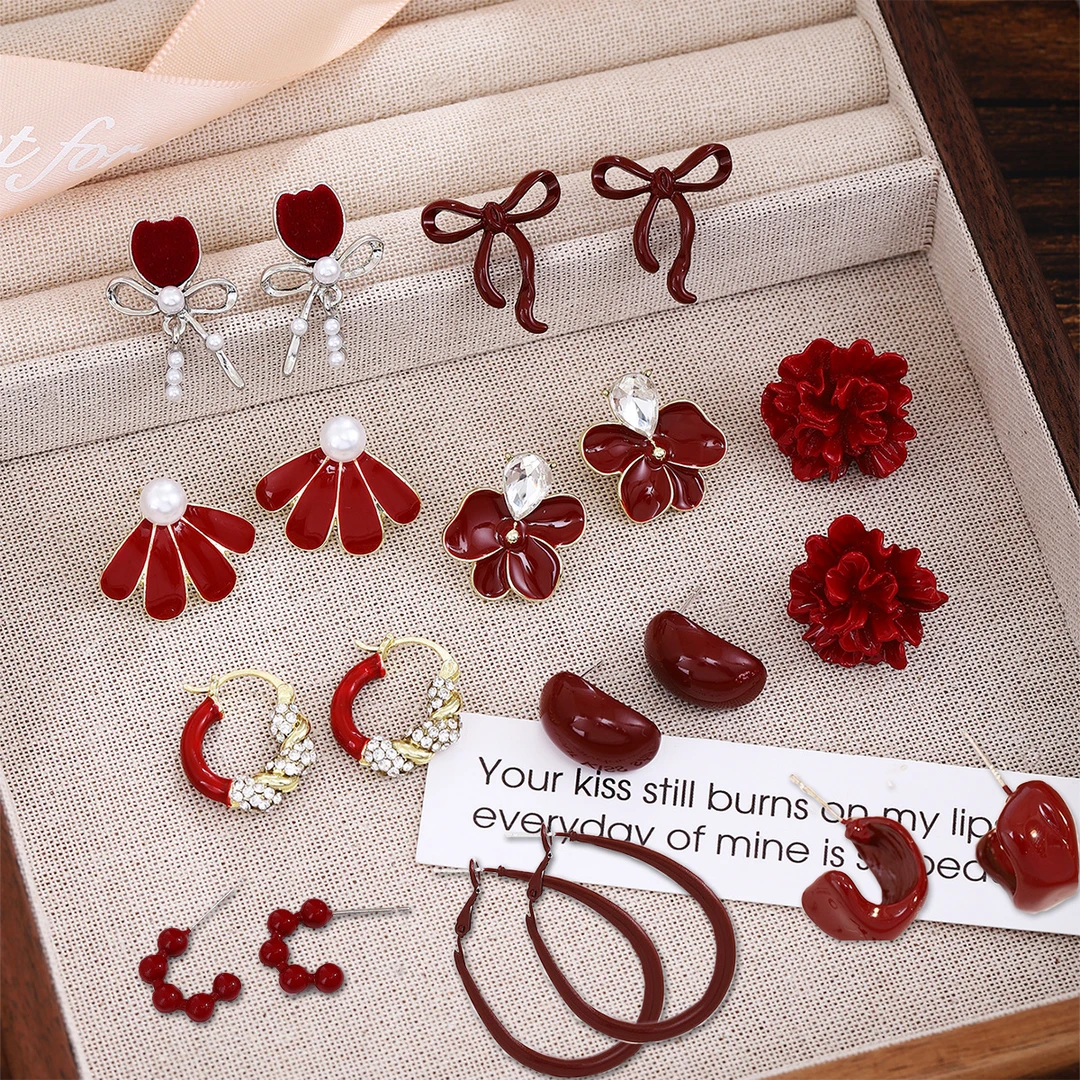 秋冬安可拉红蝴蝶结桃心耳环 显白显脸小轻奢高级感新年气质耳环