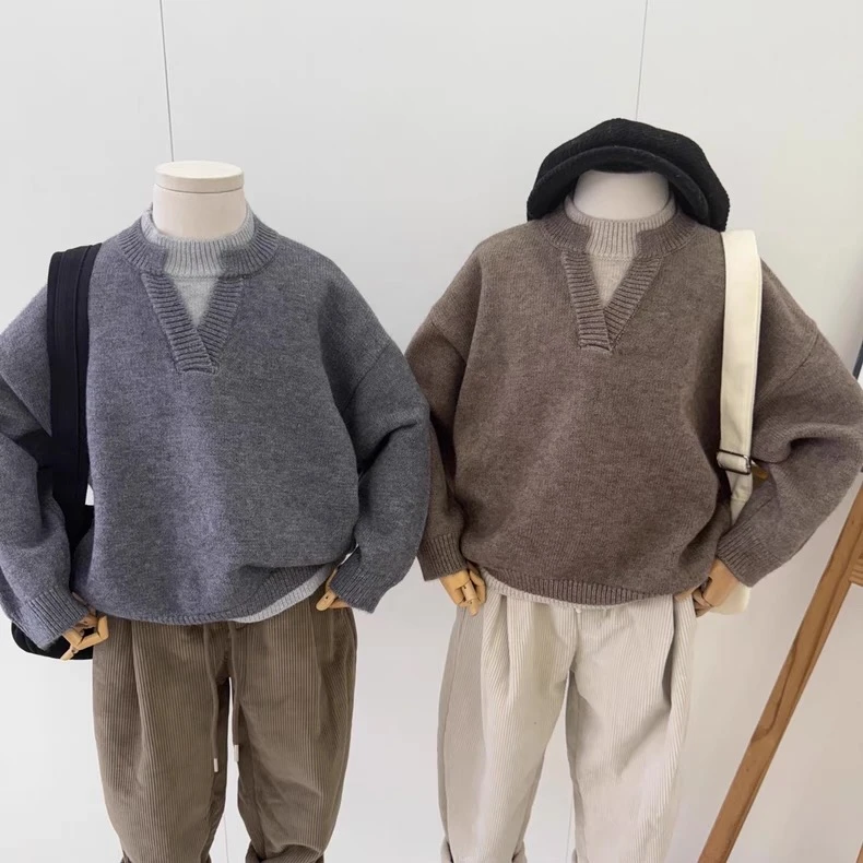2025男童女童常规款休闲风圆领长袖毛衣针织衫学院风男童韩版百搭
