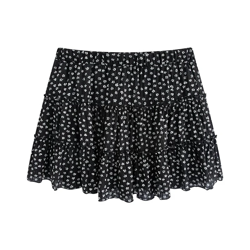 一雯白 韩系甜美碎花A字半身裙女黑色高腰蛋糕裙夏季雪纺短裙子