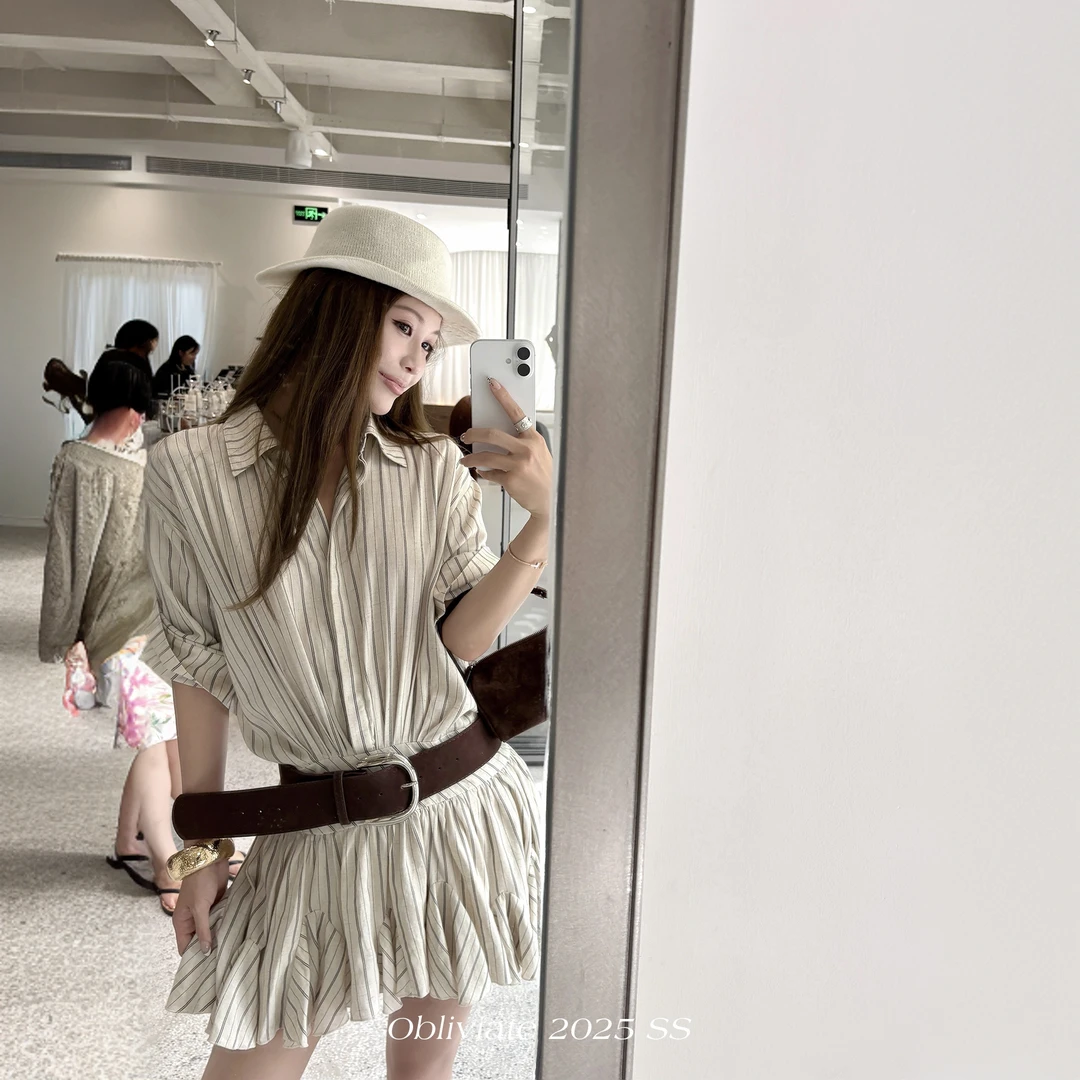 老钱周记-亚麻衬衫连衣裙条纹宽松短裙女夏季气质插片裙