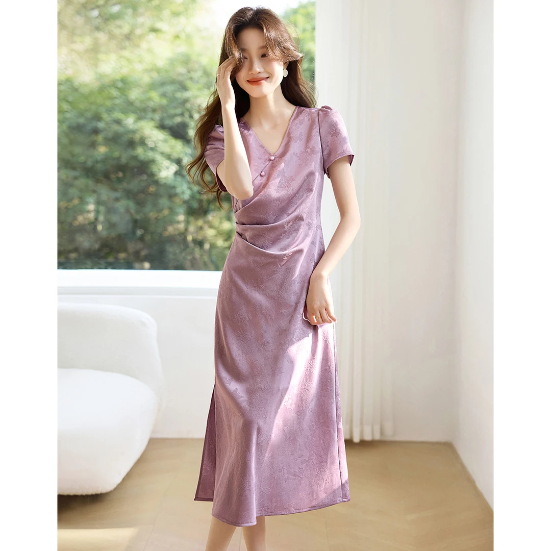 沫晗依美国风蝴蝶暗纹短袖连衣裙2025春夏新款气质国风提花长裙