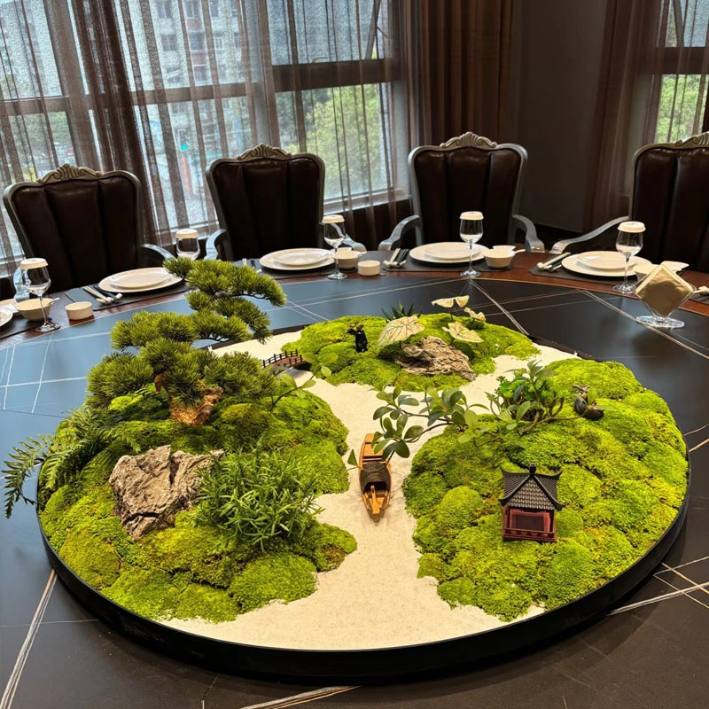 高端酒店大圆桌中间摆件会所餐桌转盘装饰微景观盆景装饰花中式