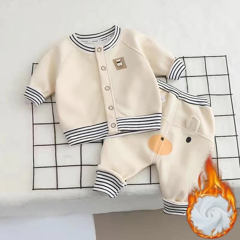 儿童秋冬宝宝加绒套装卡通条纹高腰屁屁裤套装男女萌宝休闲穿搭套