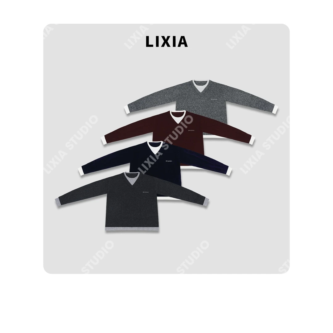 LIXIA【静谧轻潮】慵懒休闲风时髦经典款假两件纯羊毛针织衫-D9395