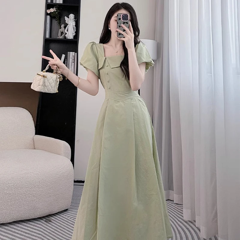 【潘潘】绿色女夏2025新款收腰气质高冷御姐风超好看长裙子D1357