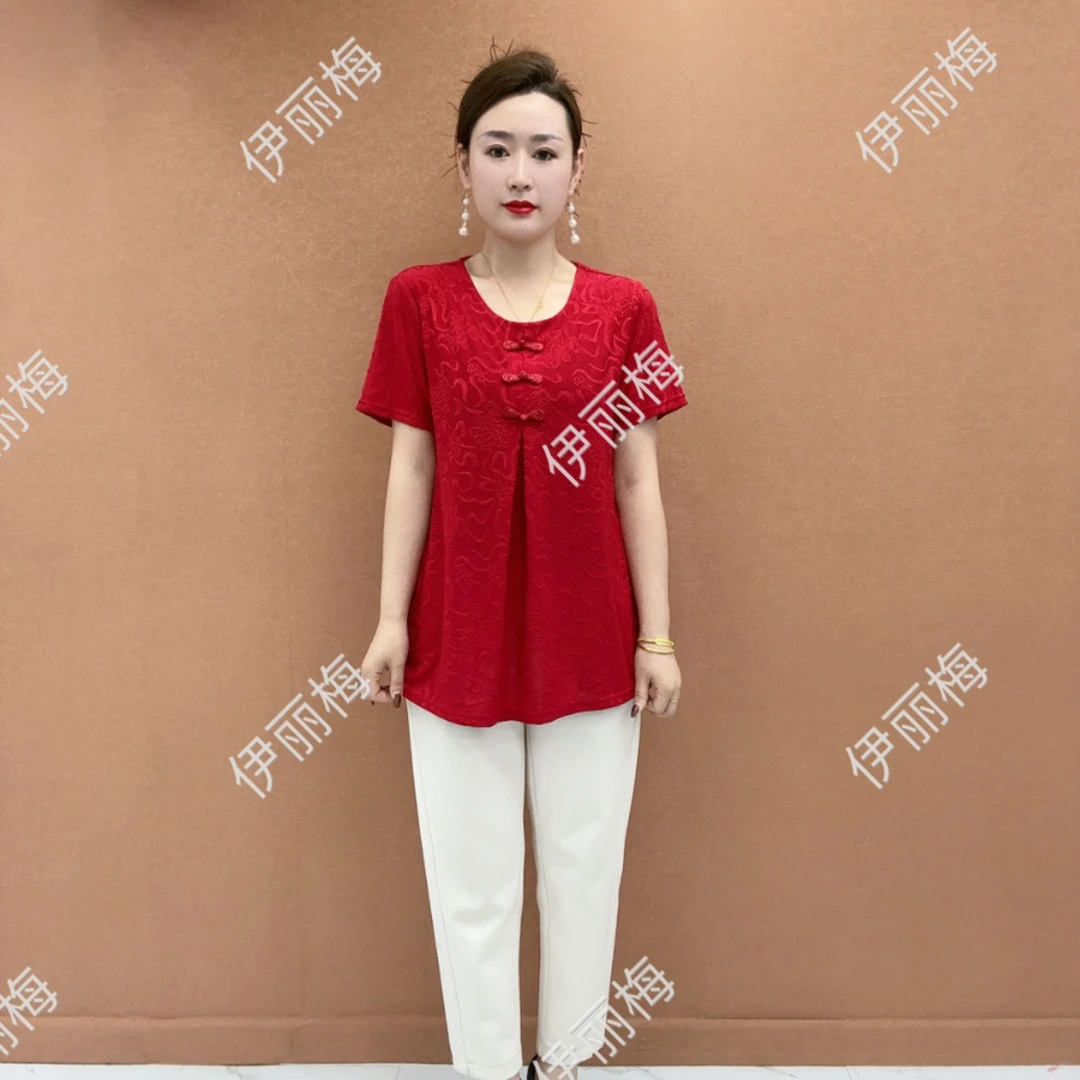 休闲宽松遮肚妈妈装夏季显瘦纯色短袖T恤中老年女装中长款大码衫2