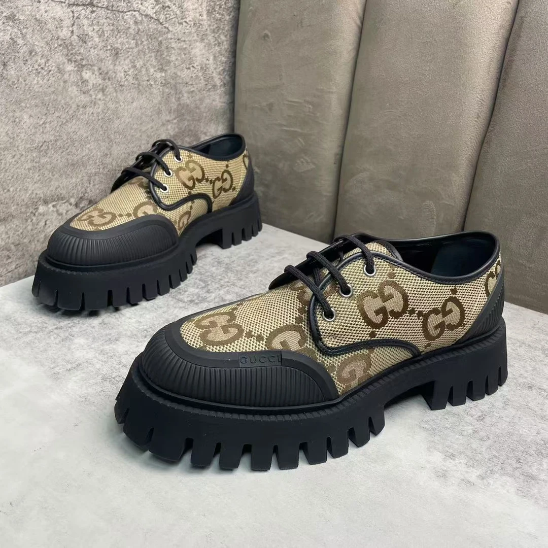 全新未使用 GUCCI/古驰 棕色帆布厚底双G百搭系带松糕鞋多尺码