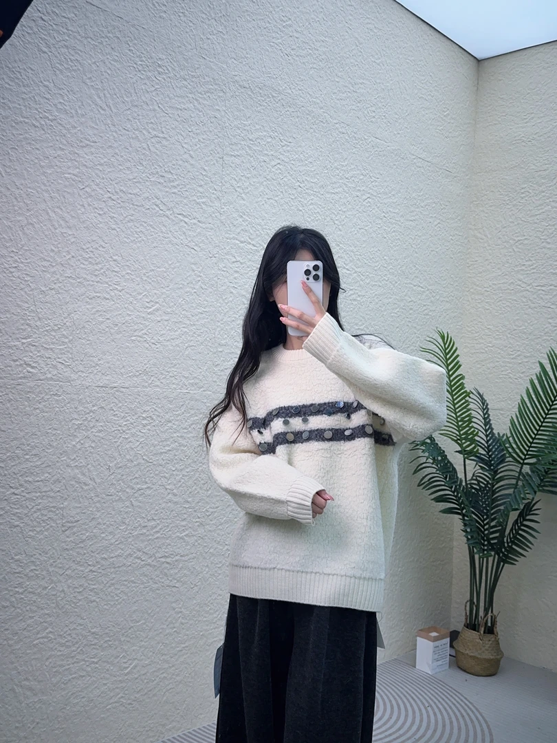 【硬货】5149时尚休闲双杠刺绣亮片细闪厚款圆领百搭宽松毛衣女