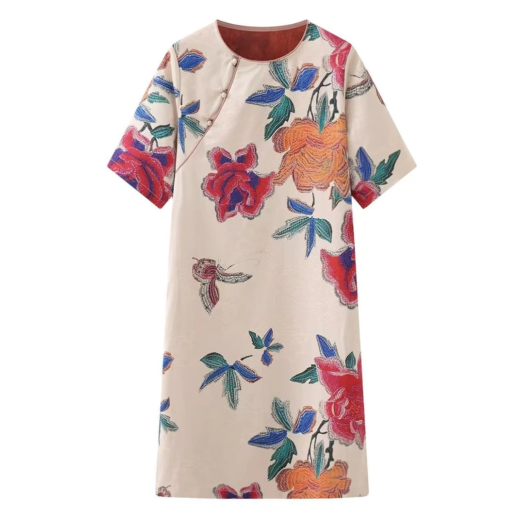 新中式国风夏季立领短袖旗袍连衣裙