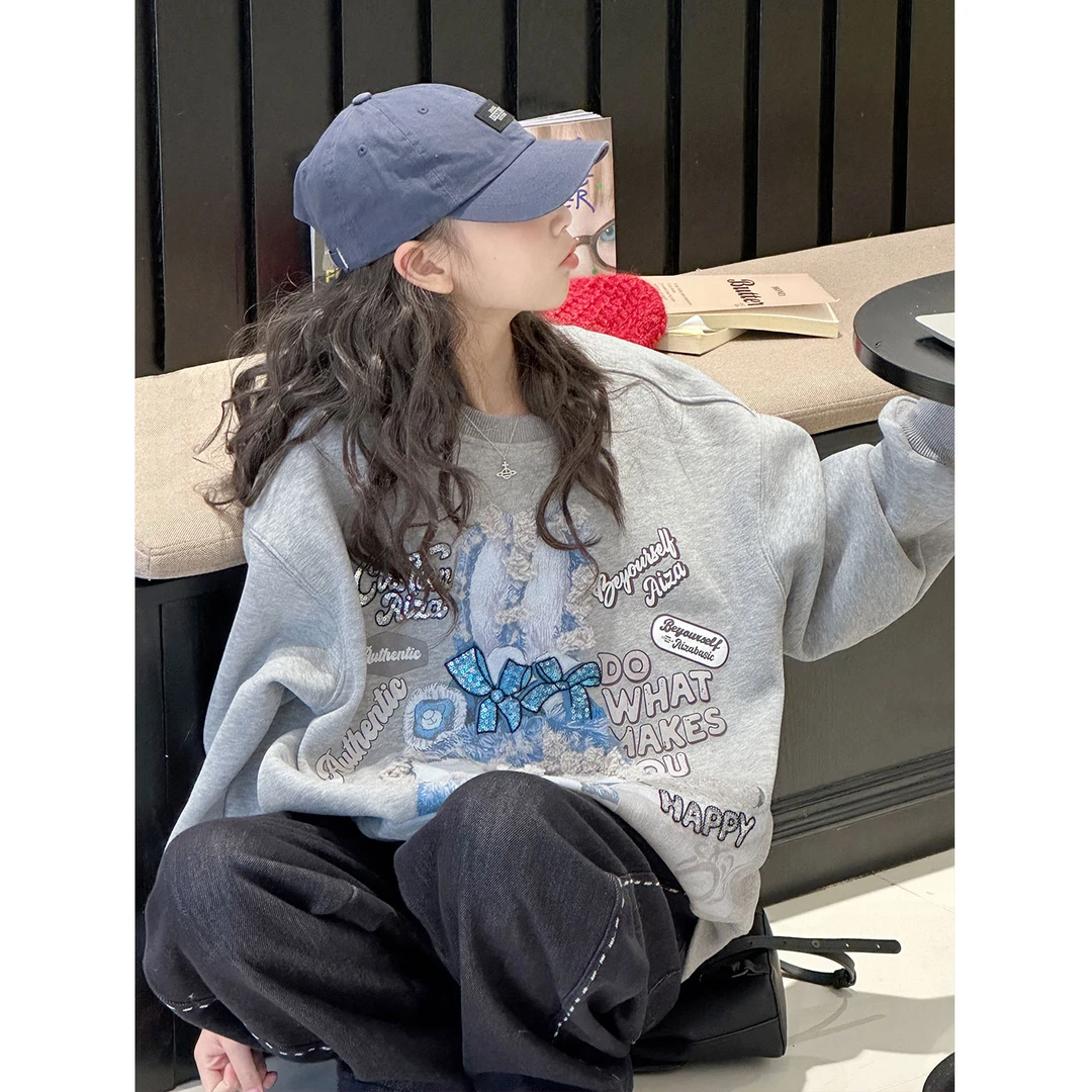 K30365孙小美甜酷珠片贴布绣女童加绒卫衣秋冬装儿童加厚上衣潮