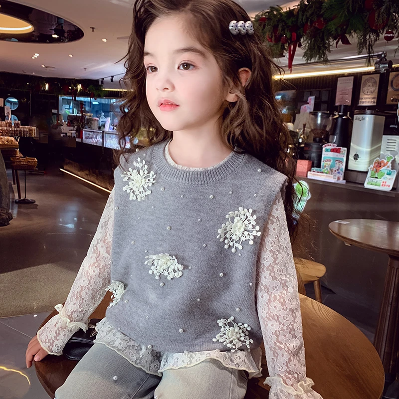 【现货】米米哈罗女童韩系立体花朵针织毛衣马甲上衣C25073